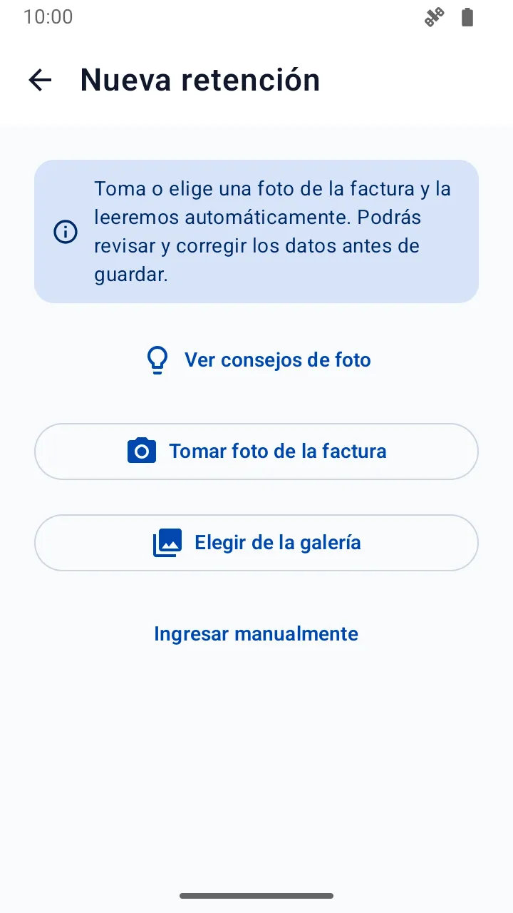 Pantalla de nueva retención en TaxMind: tomar foto de la factura o elegirla de la galería