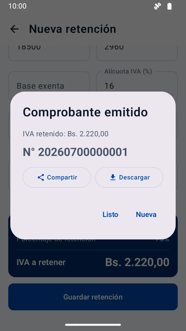 Comprobante emitido en TaxMind con su número de correlativo y botones para compartir o descargar el PDF